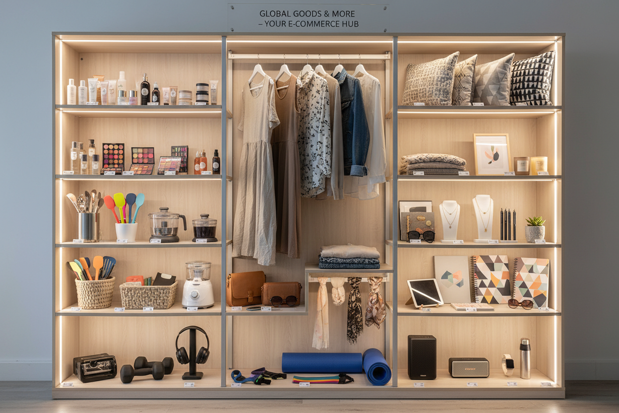 wardrobe with lots of different category dropshipping products such as beauty , kitchen , fashion , home , study , gym , electronics  